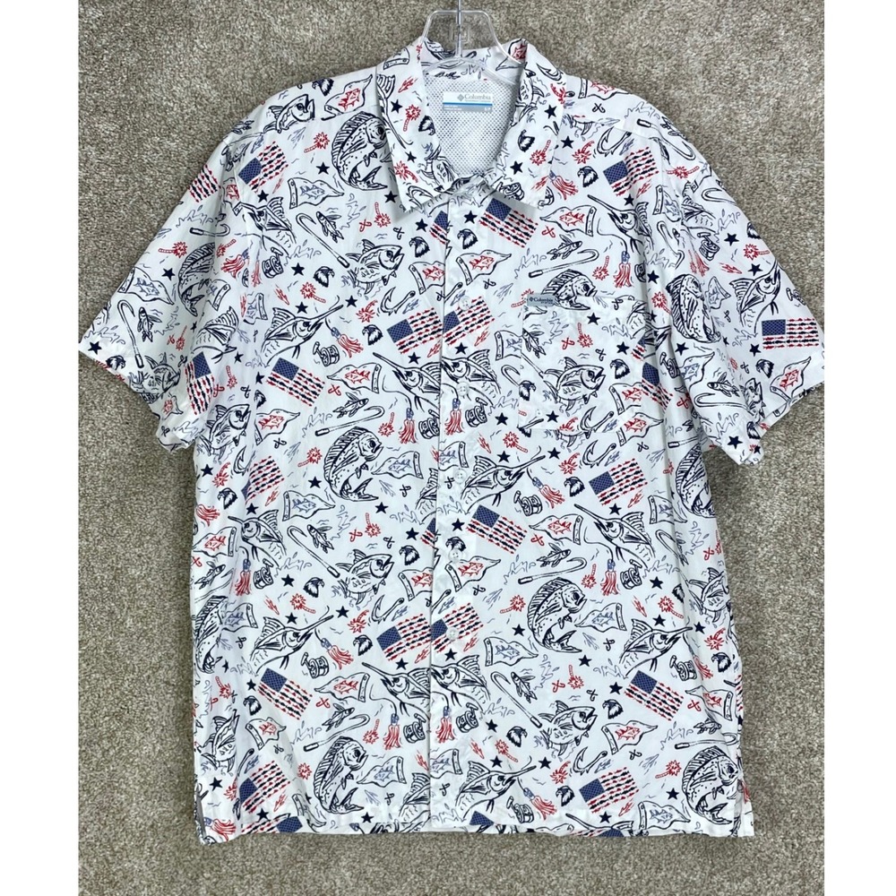 Columbia PFG Fishing Print Button Up Shirt Mens S White Blue Coastal Americana